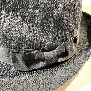 Navy woven fedora with grosgrain ribbon bow